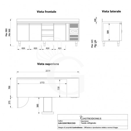 Tavolo Refrigerato 3 cassetti 3 porte 700 mm -2°C/+8°C alzatina - vista frontale e laterale Tavolo Refrigerato 3 cassetti 3 porte 700 mm -2°C/+8°C alzatina - vista frontale e laterale