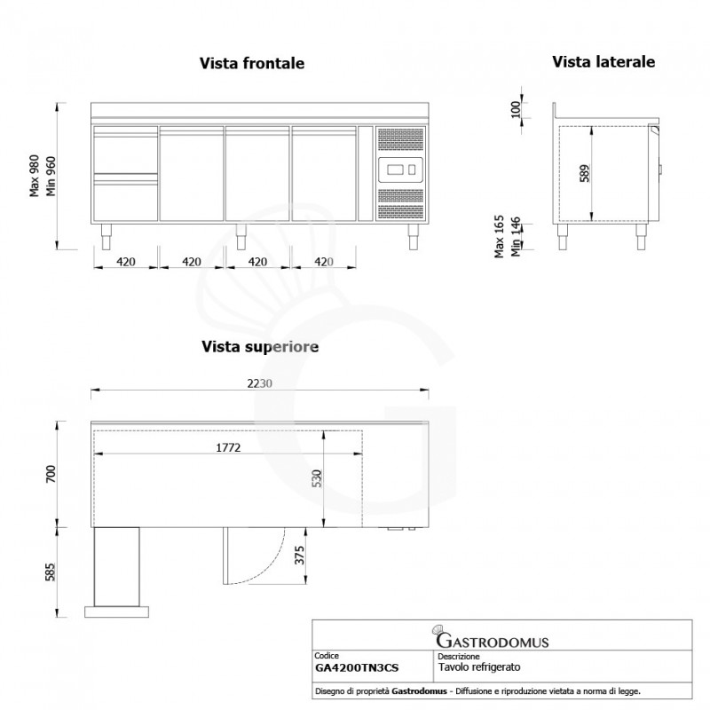 Tavolo Refrigerato 3 cassetti 3 porte 700 mm -2°C/+8°C alzatina - vista frontale e laterale