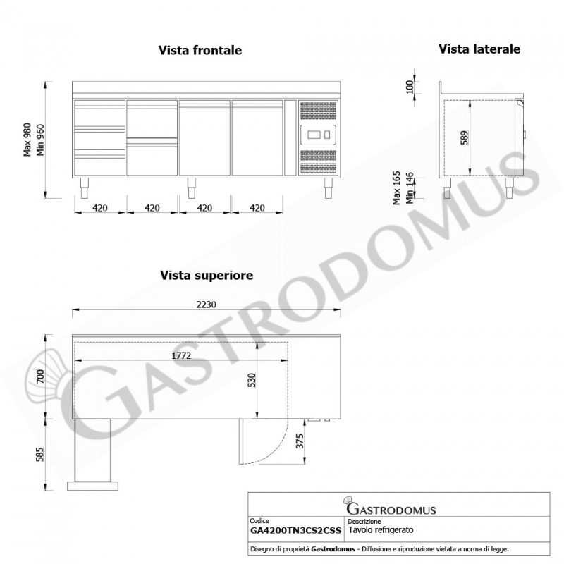 Tavolo Refrigerato 5 cassetti 2 porte 700 mm -2°C/+8°C alzatina per Gastronomia - Vista frontale e laterale