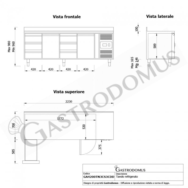 Tavolo Refrigerato 6 cassetti 2 porte 700 mm -2°C/+8°C alzatina - Vista frontale e laterale