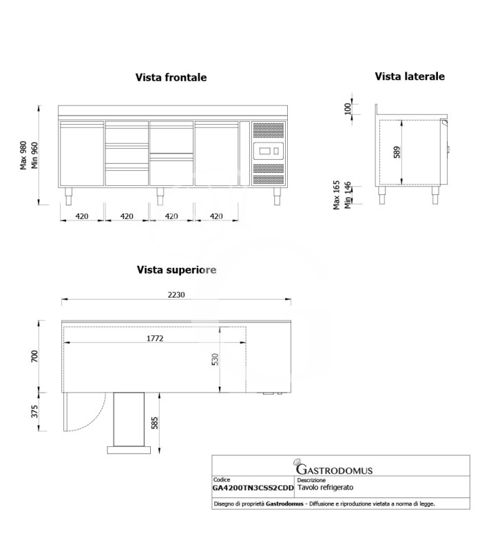 Tavolo Refrigerato 5 cassetti 2 porte 700 mm -2°C/+8°C alzatina per Gastronomia - Vista frontale e laterale