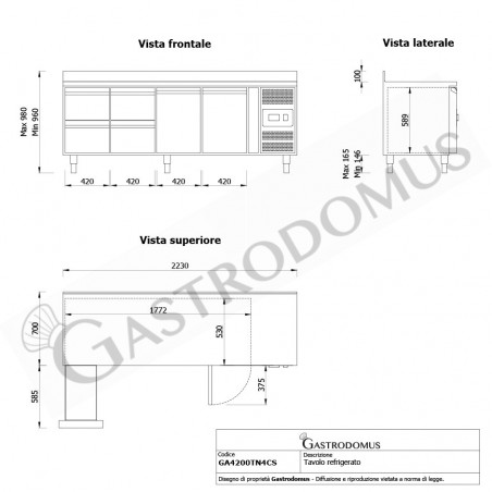 Tavolo Refrigerato 4 cassetti 2 porte 700 mm -2°C/+8°C alzatina per Gastronomia - Vista frontale e laterale Tavolo Refrigerato 4 cassetti 2 porte 700 mm -2°C/+8°C alzatina per Gastronomia - Vista frontale e laterale
