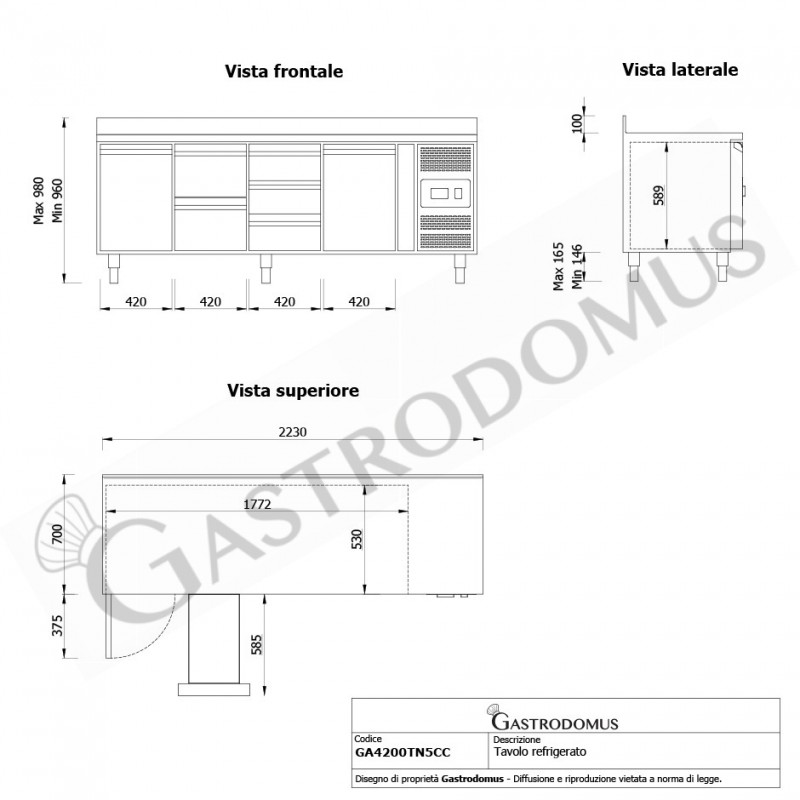Tavolo Refrigerato 5 cassetti 2 porte 700 mm -2°C/+8°C alzatina per Gastronomia - Vista frontale e laterale
