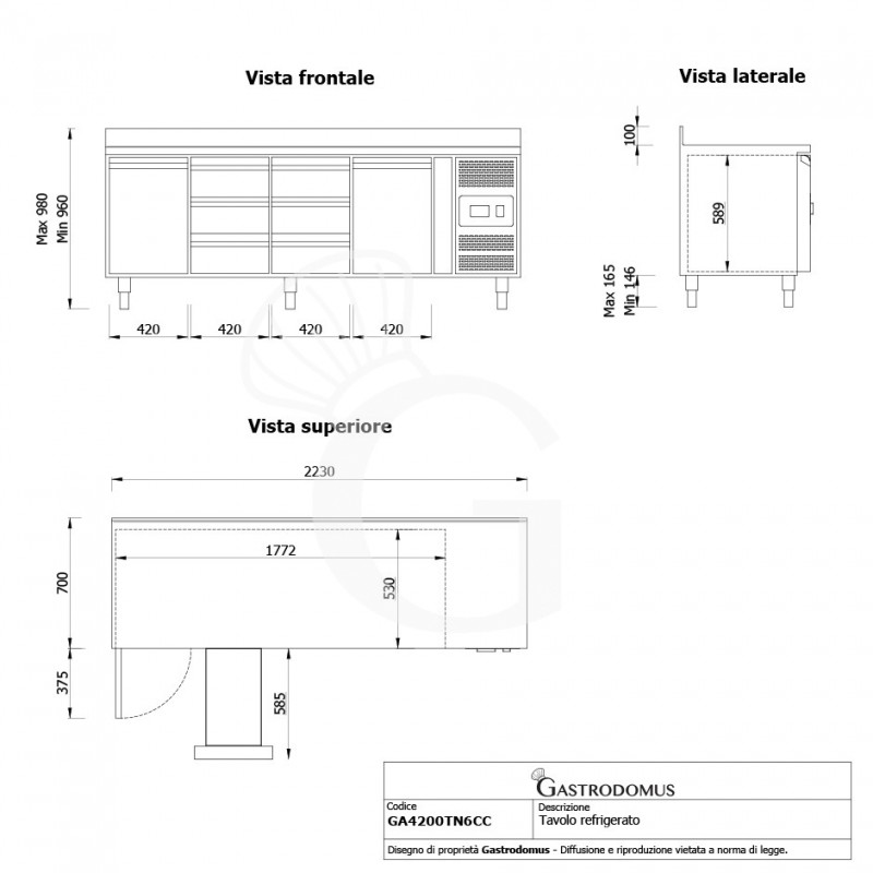Tavolo Refrigerato 6 cassetti 2 porte 700 mm -2°C/+8°C alzatina - Vista frontale e laterale