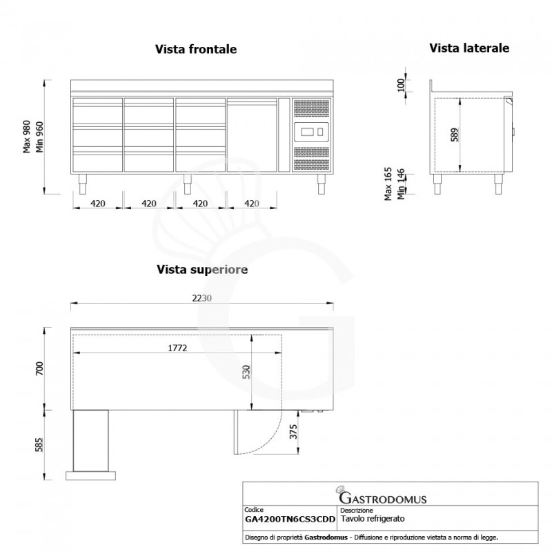 Tavolo Refrigerato 9 cassetti 1 porta 700 mm -2°C/+8°C alzatina - vista frontale e laterale