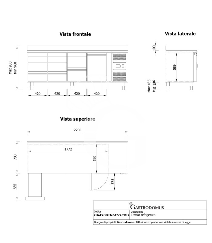 Tavolo Refrigerato 8 cassetti 1 porta 700 mm -2°C/+8°C alzatina per Gastronomia - Vista frontale e laterale