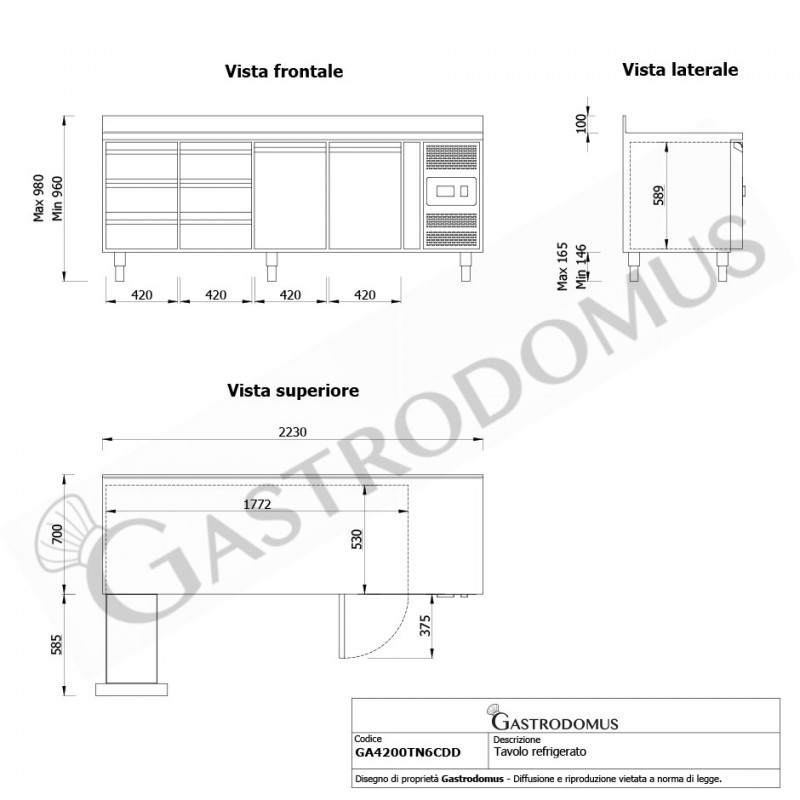 Tavolo Refrigerato 6 cassetti 2 porte 700 mm -2°C/+8°C alzatina - vista frontale e laterale