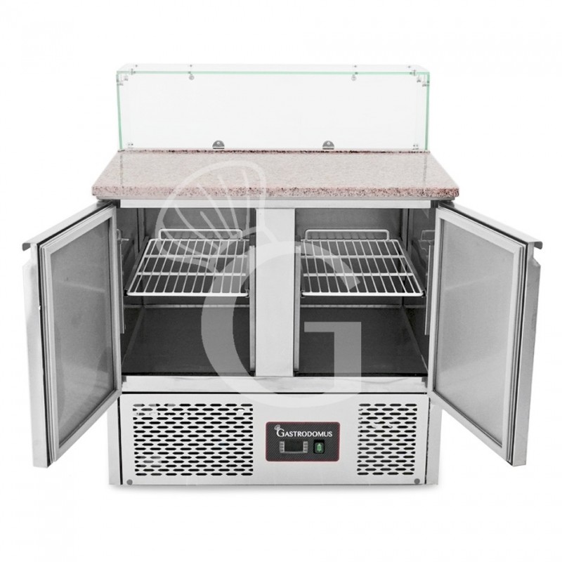 Dettaglio saladette refrigerata 2 porte, vetro, piano in granito aperta