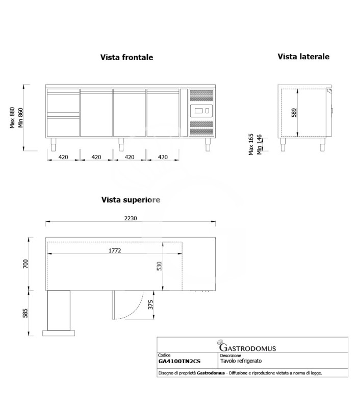 Tavolo Refrigerato 2 cassetti 3 porte 700 mm -2°C/+8°C per Gastronomia - Vista frontale e laterale
