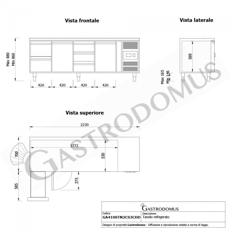 Tavolo Refrigerato 5 cassetti 2 porte 700 mm -2°C/+8°C - vista frontale e laterale