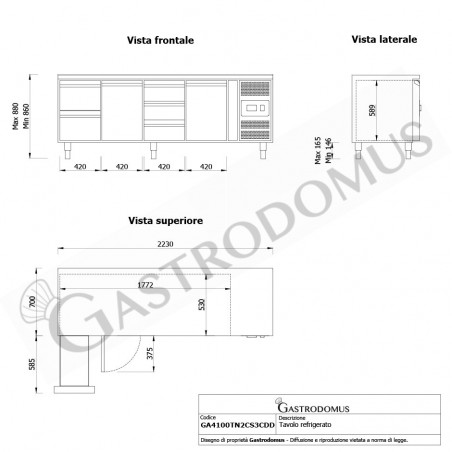 Tavolo Refrigerato 5 cassetti 2 porte 700 mm -2°C/+8°C - vista frontale e laterale Tavolo Refrigerato 5 cassetti 2 porte 700 mm -2°C/+8°C - vista frontale e laterale