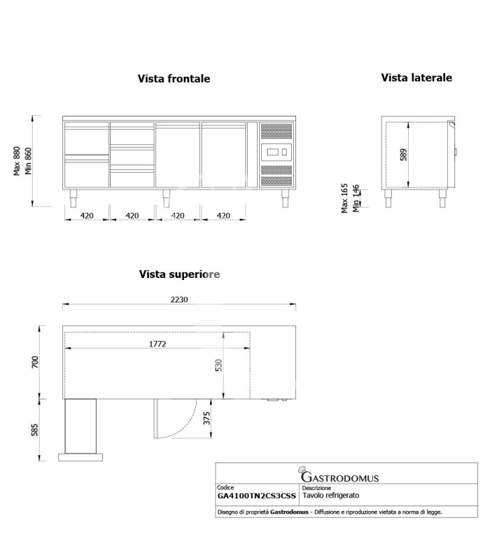 Tavolo Refrigerato 5 cassetti 2 porte 700 mm -2°C/+8°C - vista frontale e laterale