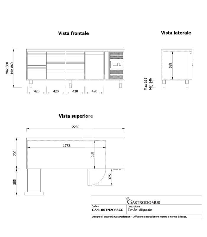 Tavolo Refrigerato 8 cassetti 1 porta 700 mm -2°C/+8°C - Vista frontale e laterale