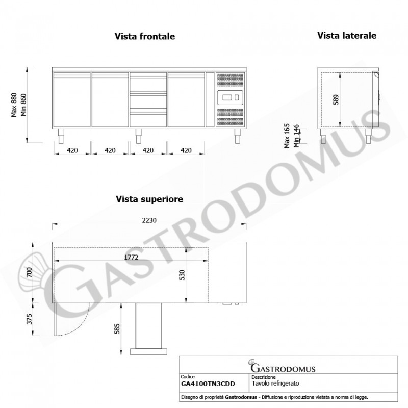 Tavolo Refrigerato 3 cassetti 3 porte 700 mm -2°C/+8°C - Vista frontale e laterale