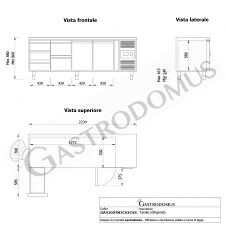 Tavolo Refrigerato 5 cassetti 2 porte 700 mm -2°C/+8°C - Vista frontale e laterale Tavolo Refrigerato 5 cassetti 2 porte 700 mm -2°C/+8°C - Vista frontale e laterale
