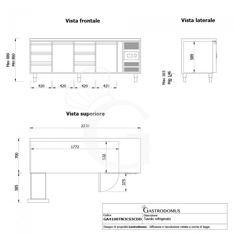 Tavolo Refrigerato 6 cassetti 2 porte 700 mm -2°C/+8°C - Vista frontale e laterale