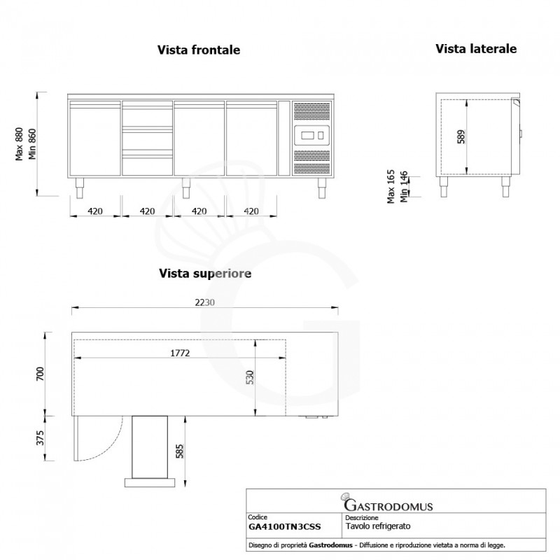 Tavolo Refrigerato 3 cassetti 3 porte 700 mm -2°C/+8°C - Viste frontali e laterali