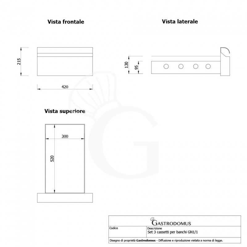 Tavolo Refrigerato 3 cassetti 3 porte 700 mm -2°C/+8°C - Viste frontali e laterali