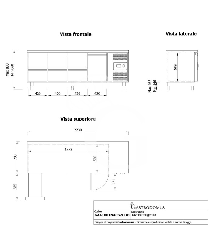 Tavolo Refrigerato 6 cassetti 1 porta 700 mm -2°C/+8°C per Gastronomia - vista frontale e laterale