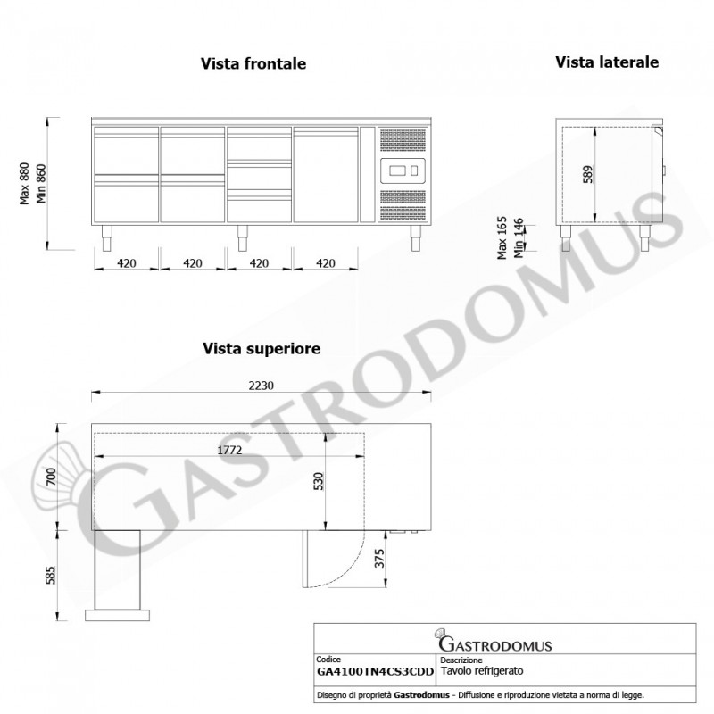 Tavolo Refrigerato 7 cassetti 1 porta 700 mm -2°C/+8°C - vista frontale e laterale
