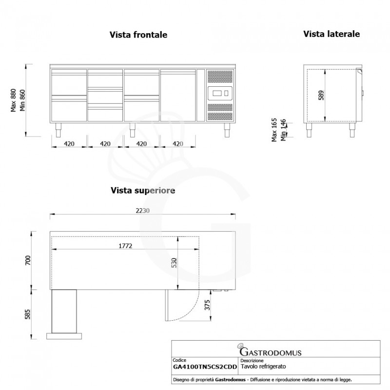 Tavolo Refrigerato 7 cassetti 1 porta 700 mm -2°C/+8°C - Vista frontale e laterale