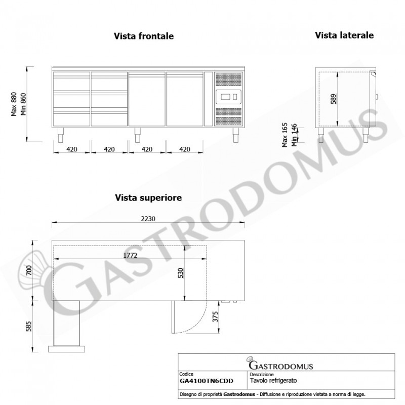 Tavolo Refrigerato 6 cassetti 2 porte 700 mm -2°C/+8°C - Vista frontale e laterale
