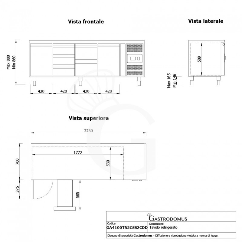 Tavolo Refrigerato 5 cassetti 2 porte 700 mm -2°C/+8°C per Gastronomia - vista frontale e laterale