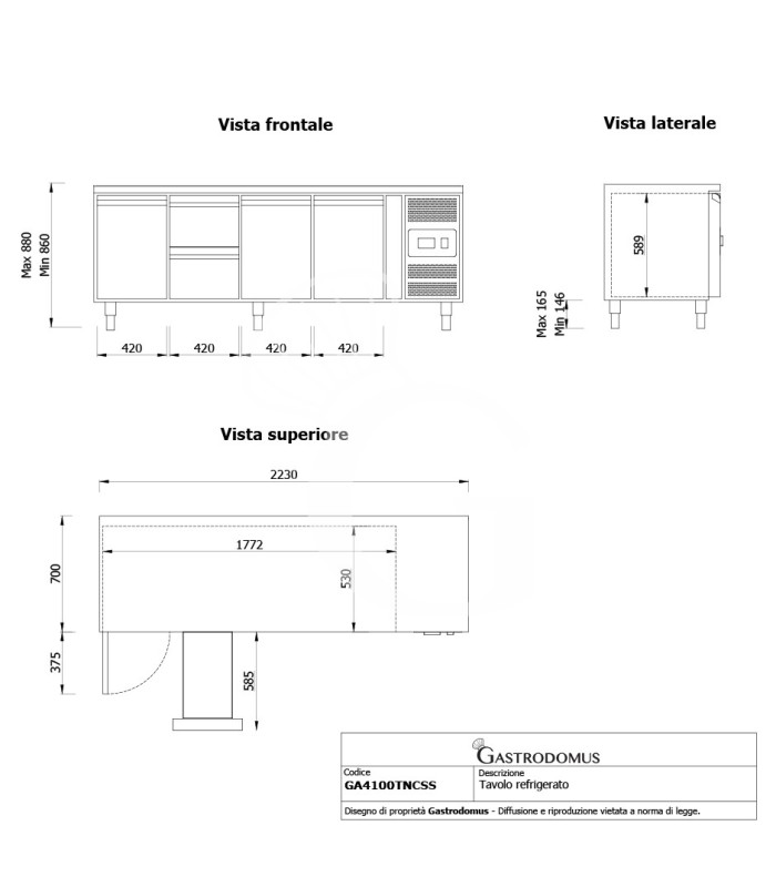 Tavolo Refrigerato 2 cassetti 3 porte 700 mm -2°C/+8°C per Gastronomia - vista frontale e laterale