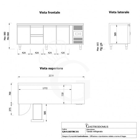 Tavolo Refrigerato 2 cassetti 3 porte 700 mm -2°C/+8°C per Gastronomia - vista frontale e laterale Tavolo Refrigerato 2 cassetti 3 porte 700 mm -2°C/+8°C per Gastronomia - vista frontale e laterale