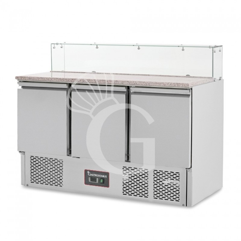 Saladette refrigerata 3 porte, temperatura +2°C/+8°C, vetro, piano in granito