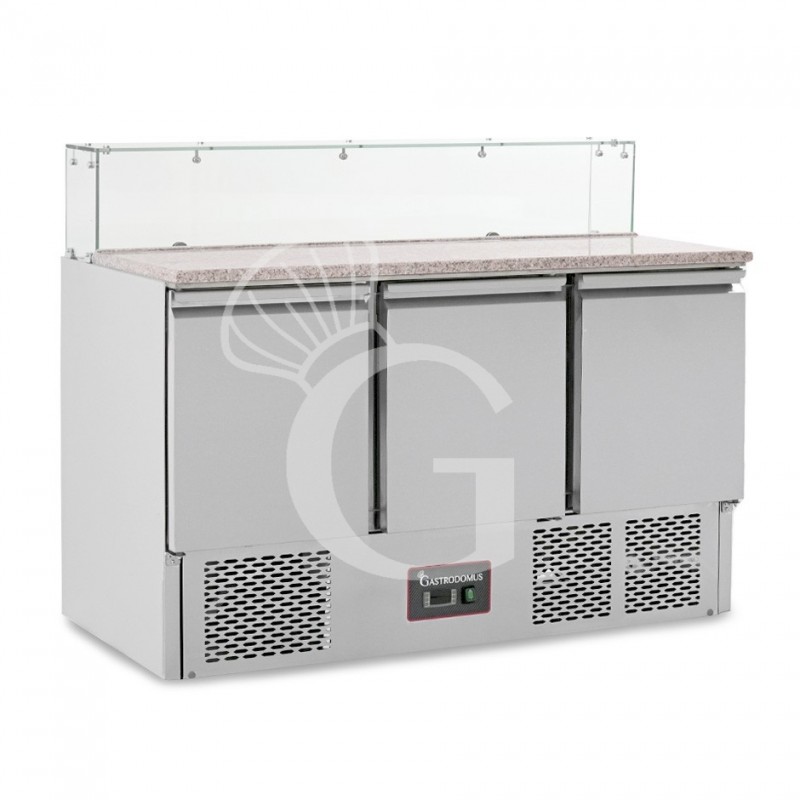 Saladette refrigerata 3 porte, temperatura +2°C/+8°C, vetro, piano in granito