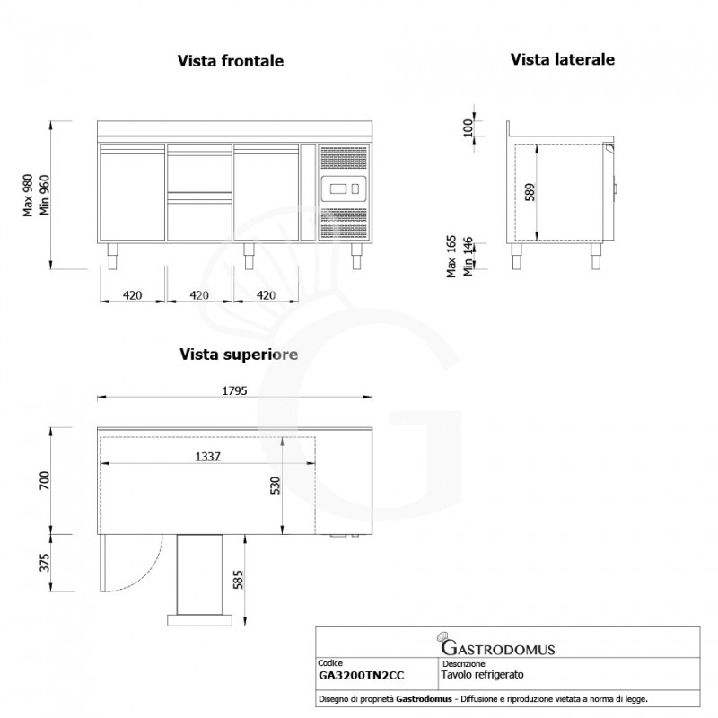 Tavolo Refrigerato 2 cassetti 2 porte 700 mm -2°C/+8°C alzatina per Gastronomia - Vista frontale e laterale