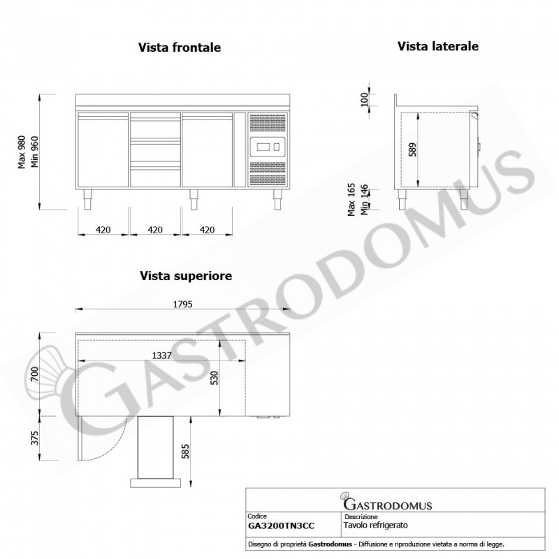 Tavolo Refrigerato 3 cassetti 2 porte 700 mm -2°C/+8°C alzatina - vista frontale e laterale