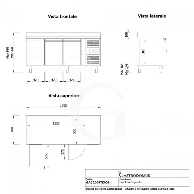 Tavolo refrigerato con 2 porte e 3 cassetti, alzatina e Prof. 700 temperatura -2°C/+8°C - Vista frontale e laterale