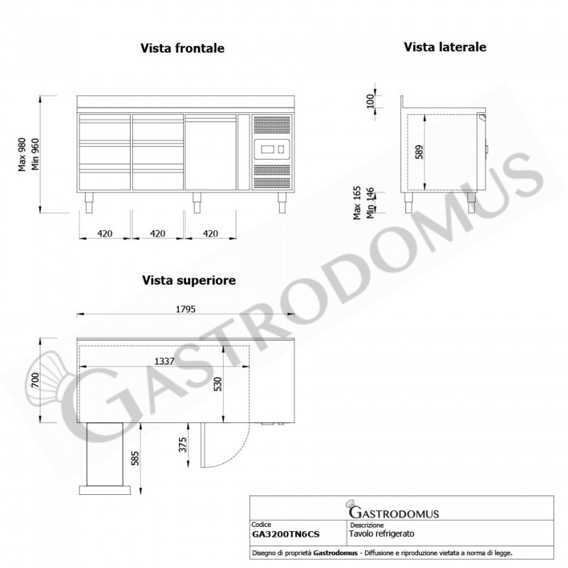 Tavolo frigo con 1 porta e 6 cassetti, alzatina, Prof. 700 e temperatura -2°C/+8°C - vista frontale e laterale