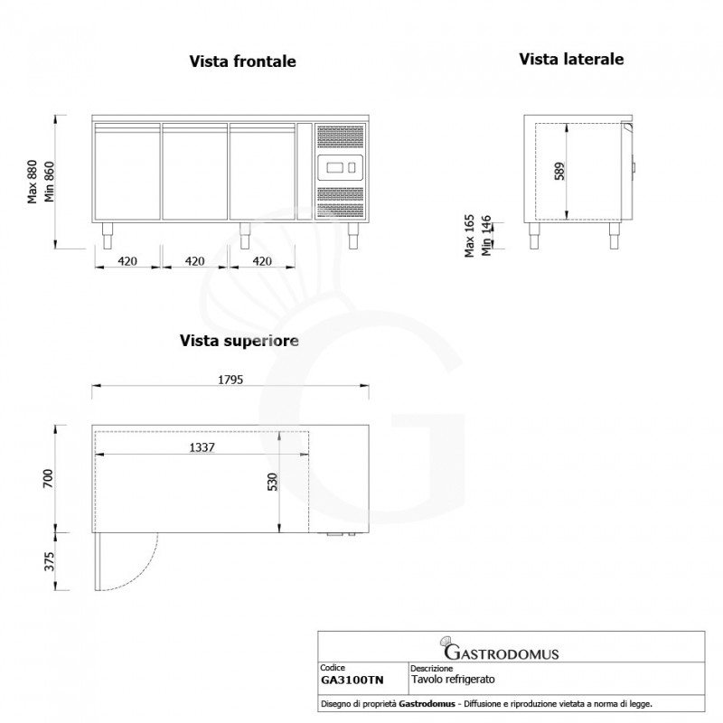 Tavolo Refrigerato 3 porte Prof. 700 mm -2°C/+8°C classe energetica E - vista frontale e laterale