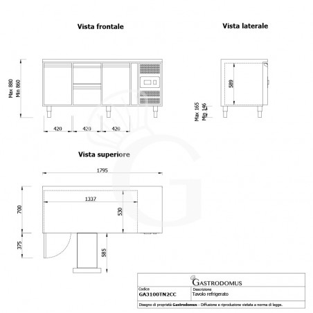 Tavolo refrigerato con 2 porte e 2 cassetti, Prof. 700 e temperatura -2°C/+8°C - Vista frontale e laterale Tavolo refrigerato con 2 porte e 2 cassetti, Prof. 700 e temperatura -2°C/+8°C - Vista frontale e laterale