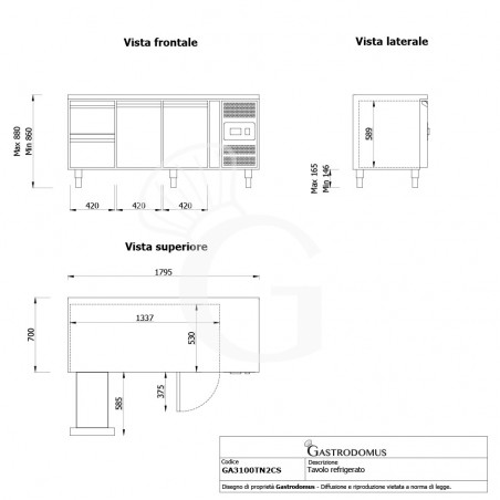 Tavolo refrigerato con 2 porte e 2 cassetti, Prof. 700 e temperatura -2°C/+8°C - vista frontale e laterale Tavolo refrigerato con 2 porte e 2 cassetti, Prof. 700 e temperatura -2°C/+8°C - vista frontale e laterale