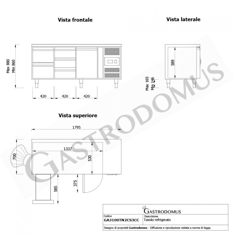 Tavolo refrigerato con 1 porta e 5 cassetti, Prof. 700 e temperatura -2°C/+8°C - vista frontale e laterale