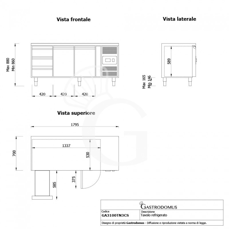 Tavolo Refrigerato 3 cassetti 2 porte 700 mm -2°C/+8°C
