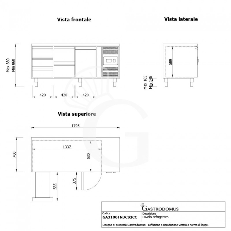 Tavolo frigo con 1 porta e 5 cassetti, Prof. 700 e temperatura -2°C/+8°C - vista frontale e laterale