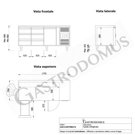 Tavolo refrigerato con 1 porta e 6 cassetti, Prof. 700 e temperatura -2°C/+8°C - vista frontale e laterale Tavolo refrigerato con 1 porta e 6 cassetti, Prof. 700 e temperatura -2°C/+8°C - vista frontale e laterale