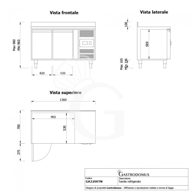 Tavolo Refrigerato 2 porte alzatina Prof. 700 mm -2°C/+8°C classe energetica E - vista frontale e laterale