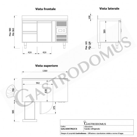 Tavolo refrigerato con 1 porta e 2 cassetti, alzatina, Prof. 700 -2°C/+8°C - Vista frontale e laterale Tavolo refrigerato con 1 porta e 2 cassetti, alzatina, Prof. 700 -2°C/+8°C - Vista frontale e laterale