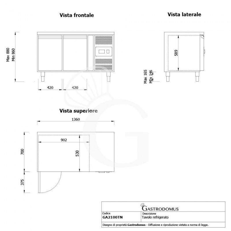 Tavolo Refrigerato 2 porte Prof. 700 mm -2°C/+8°C classe energetica E - vista frontale e laterale