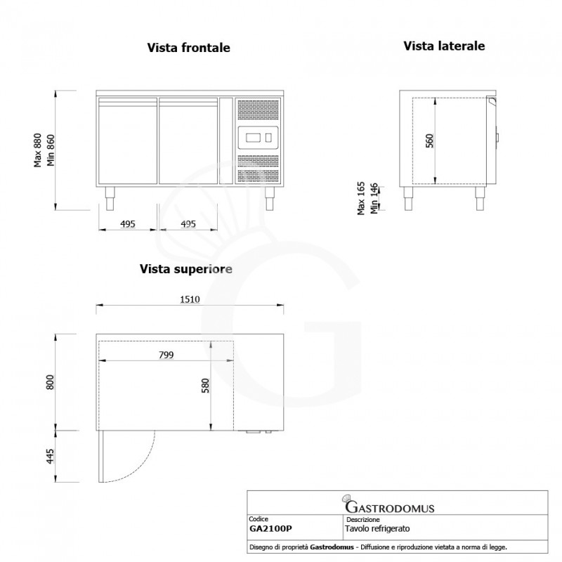 Tavolo Refrigerato Pasticceria 2 porte 600 x 400 mm piano in inox -2°C/+8°C classe energetica E - vista frontale e laterale