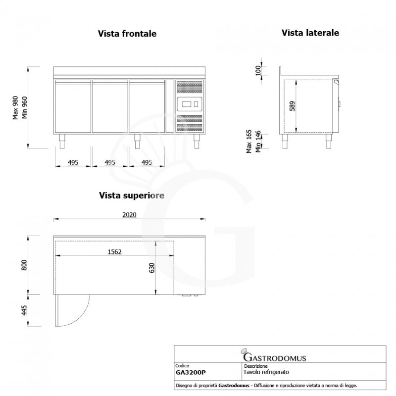 Tavolo Refrigerato Pasticceria 3 porte 600 x 400 mm alzatina -2°C/+8°C classe energetica C - vista frontale e laterale