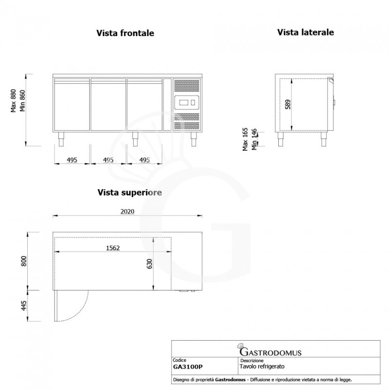 Tavolo Refrigerato Pasticceria 3 porte 600 x 400 mm piano in inox -2°C/+8°C classe energetica E - vista frontale e laterale