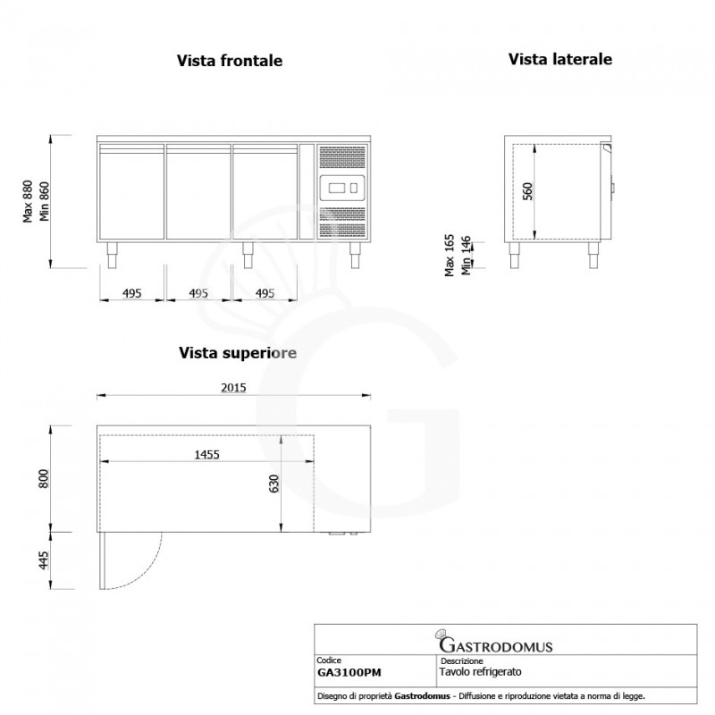 Tavolo frigo per pasticceria 3 porte Prof. 800 -2°C/+8°C piano in granito classe energetica C - vista frontale e laterale