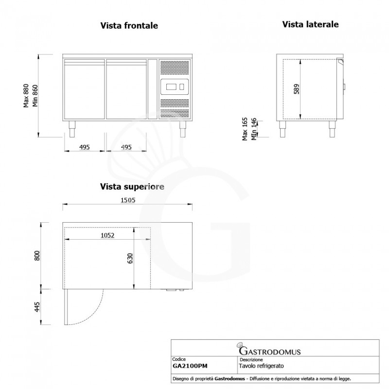 Tavolo Refrigerato Pasticceria 2 porte Prof. 800 mm -2°C/+8°C piano in granito classe energetica C - vista frontale e laterale